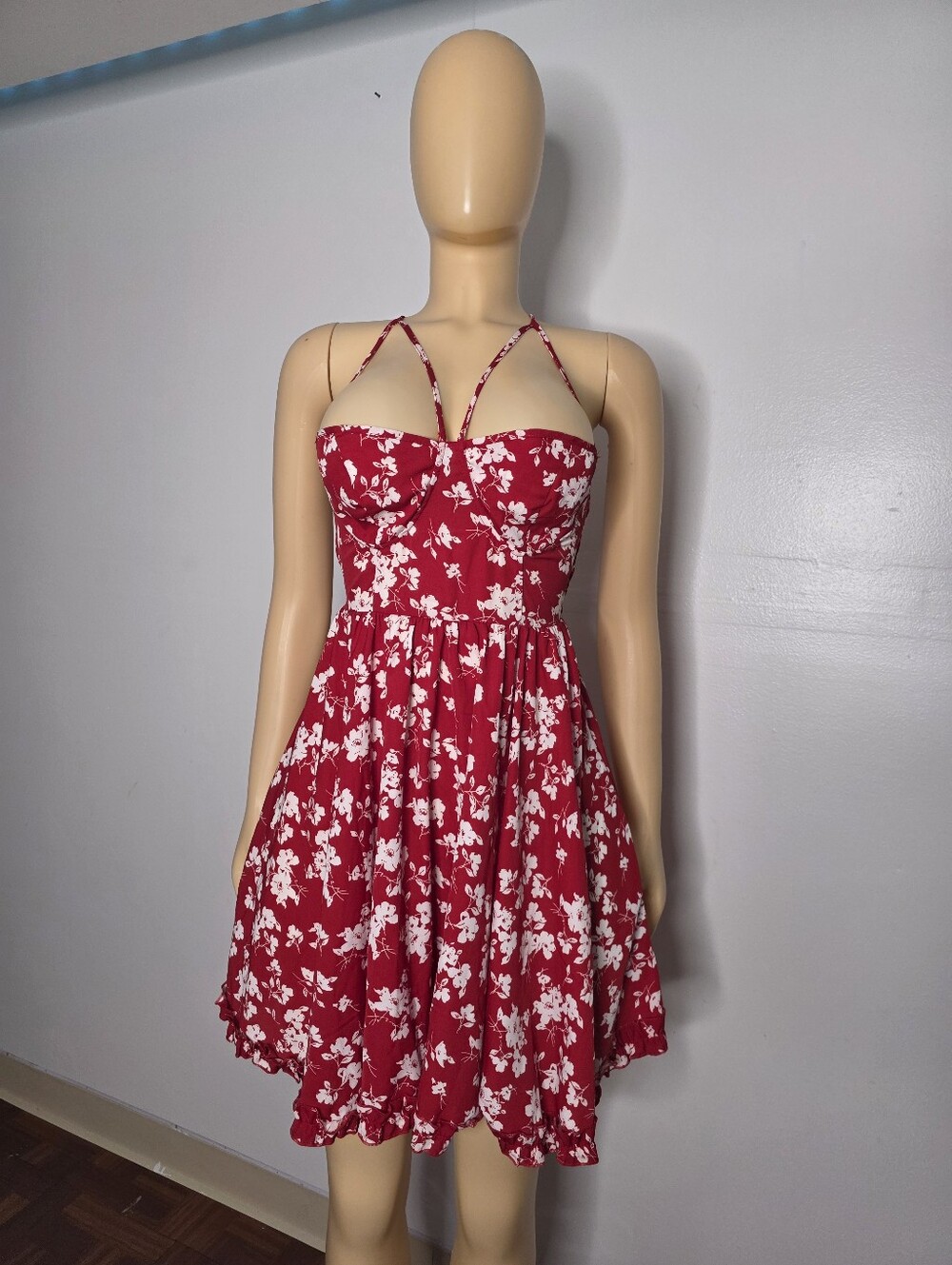 SHEIN Red and White Floral Halter Mini Dress
